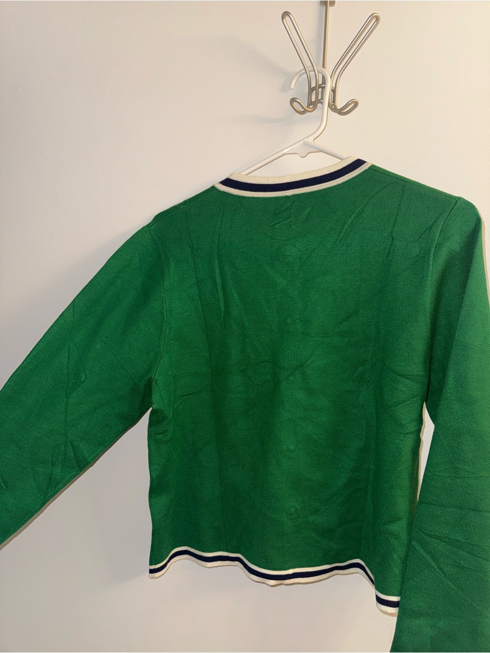 Green Button-Up Cardigan with Navy & White Trim - Picture 2 of 3